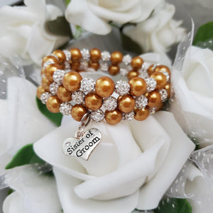 Handmade Sister of the Groom expandable, multi-layer, wrap pearl and pave crystal rhinestone charm bracelet - copper or custom color - Sister of the Groom Gift - Bridal Bracelet