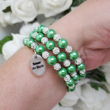 Load image into Gallery viewer, Handmade sister of the groom pearl and pave crystal rhinestone multi-later, expandable, wrap charm bracelet - green or custom color - Sister of the Groom Bracelet - Bridal Gifts