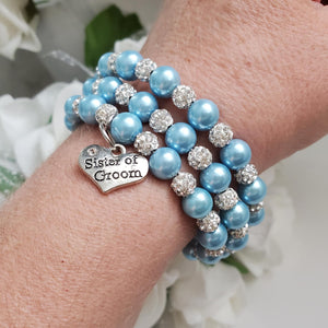 Handmade sister of the groom pearl and pave crystal rhinestone multi-later, expandable, wrap charm bracelet - light blue or custom color - Sister of the Groom Bracelet - Bridal Gifts