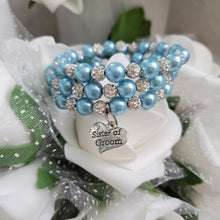 Load image into Gallery viewer, Handmade sister of the groom pearl and pave crystal rhinestone multi-later, expandable, wrap charm bracelet - light blue or custom color - Sister of the Groom Bracelet - Bridal Gifts