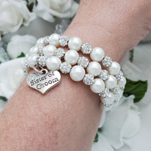Load image into Gallery viewer, Handmade sister of the groom pearl and pave crystal rhinestone multi-later, expandable, wrap charm bracelet - ivory or custom color - Sister of the Groom Bracelet - Bridal Gifts