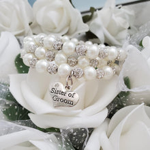 Load image into Gallery viewer, Handmade Sister of the Groom expandable, multi-layer, wrap pearl and pave crystal rhinestone charm bracelet - ivory or custom color - Sister of the Groom Gift - Bridal Bracelet