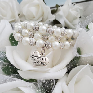 Handmade Sister of the Groom expandable, multi-layer, wrap pearl and pave crystal rhinestone charm bracelet - ivory or custom color - Sister of the Groom Gift - Bridal Bracelet