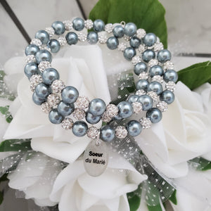Handmade sister of the groom pearl and pave crystal rhinestone multi-later, expandable, wrap charm bracelet - dark grey or custom color - Sister of the Groom Bracelet - Bridal Gifts