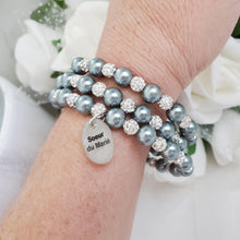 Load image into Gallery viewer, Handmade sister of the groom pearl and pave crystal rhinestone multi-later, expandable, wrap charm bracelet - dark grey or custom color - Sister of the Groom Bracelet - Bridal Gifts
