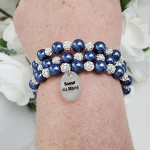 Load image into Gallery viewer, Handmade sister of the groom pearl and pave crystal rhinestone multi-later, expandable, wrap charm bracelet - dark blue or custom color - Sister of the Groom Bracelet - Bridal Gifts