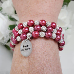 Handmade Sister of the Groom expandable, multi-layer, wrap pearl and pave crystal rhinestone charm bracelet - dark pink or custom color - Sister of the Groom Gift - Bridal Bracelet