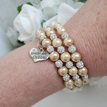 Load image into Gallery viewer, Handmade Sister of the Groom expandable, multi-layer, wrap pearl and pave crystal rhinestone charm bracelet - champagne or custom color - Sister of the Groom Gift - Bridal Bracelet