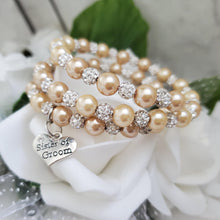 Load image into Gallery viewer, Handmade sister of the groom pearl and pave crystal rhinestone multi-later, expandable, wrap charm bracelet - champagne or custom color - Sister of the Groom Bracelet - Bridal Gifts