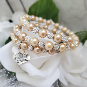 Handmade sister of the groom pearl and pave crystal rhinestone multi-later, expandable, wrap charm bracelet - champagne or custom color - Sister of the Groom Bracelet - Bridal Gifts