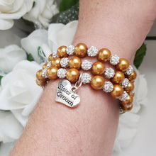Load image into Gallery viewer, Handmade sister of the groom pearl and pave crystal rhinestone multi-later, expandable, wrap charm bracelet - copper or custom color - Sister of the Groom Bracelet - Bridal Gifts