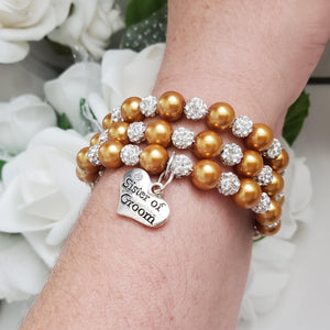Handmade sister of the groom pearl and pave crystal rhinestone multi-later, expandable, wrap charm bracelet - copper or custom color - Sister of the Groom Bracelet - Bridal Gifts