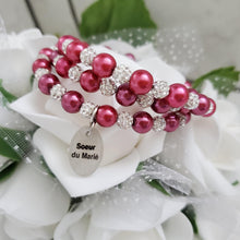 Load image into Gallery viewer, Handmade Sister of the Groom expandable, multi-layer, wrap pearl and pave crystal rhinestone charm bracelet - dark pink or custom color - Sister of the Groom Gift - Bridal Bracelet