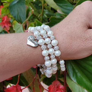 Handmade special daughter pearl and pave crystal expandable, multi-layer, wrap charm bracelet, white and silver or custom color - Special Daughter Bracelet - Daughter Gift