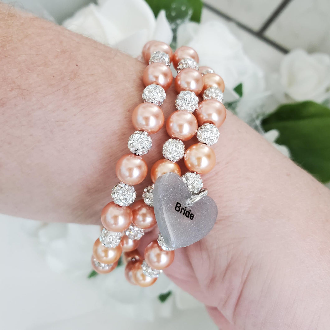 Handmade pearl and pave crystal expandable, multi-layer, wrap Bride charm bracelet - Powder orange and silver clear or custom color - Bride Gift - Bride Jewelry - Gift Ideas For Bride