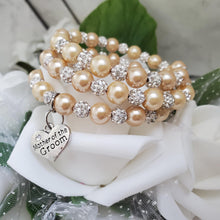 Load image into Gallery viewer, Handmade Mother of the Groom pearl and pave crystal rhinestone expandable, multi-layer, wrap charm bracelet - champagne or custom color - Mother of the Groom Bracelet - Bridal Party Gifts