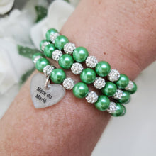 Load image into Gallery viewer, Handmade Mother of the Groom pearl and pave crystal rhinestone expandable, multi-layer, wrap charm bracelet - green or custom color - Mother of the Groom Bracelet - Bridal Party Gifts