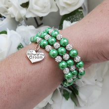 Load image into Gallery viewer, Handmade Mother of the Groom pearl and pave crystal rhinestone expandable, multi-layer, wrap charm bracelet - green or custom color - Mother of the Groom Bracelet - Bridal Party Gifts