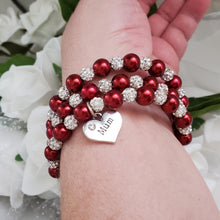Load image into Gallery viewer, Handmade mother pearl and pave crystal rhinestone expandable, multi-layer, wrap charm bracelet, silver and bordeaux red or custom color - Mother Bracelet - Mother Jewelry - Mother Gift