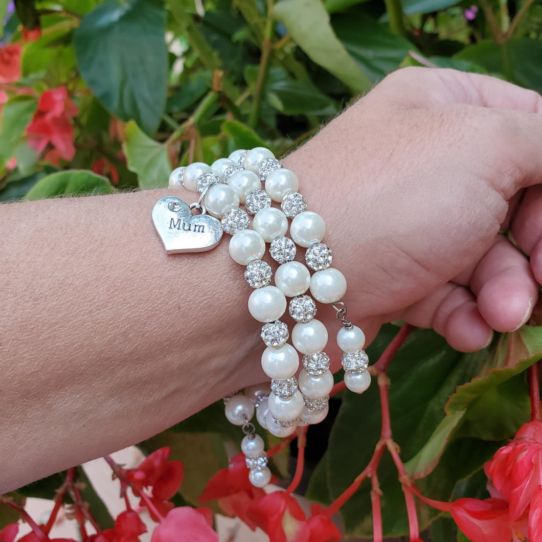 Handmade Mum pearl and pave crystal expandable, multi-layer, wrap charm bracelet, ivory and silver or custom color - Mum Bracelet - Mother Jewelry - Mum Gift