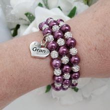 Load image into Gallery viewer, Handmade gran pearl and pave crystal expandable, multi-layer, wrap charm bracelet - burgundy red and silver clear or custom color - Gran Mothers Day - Gran Present - Gran Gift