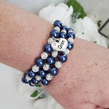 Load image into Gallery viewer, Handmade gran pearl and pave crystal expandable, multi-layer, wrap charm bracelet - dark blue and silver clear or custom color - Gran Mothers Day - Gran Present - Gran Gift