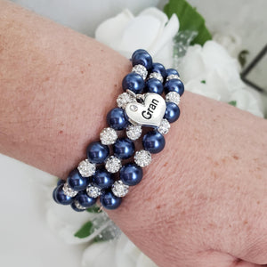 Handmade gran pearl and pave crystal expandable, multi-layer, wrap charm bracelet - dark blue and silver clear or custom color - Gran Mothers Day - Gran Present - Gran Gift