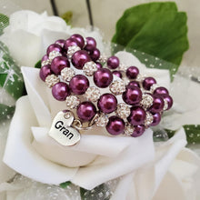Load image into Gallery viewer, Handmade gran pearl and pave crystal expandable, multi-layer, wrap charm bracelet - burgundy red and silver clear or custom color - Gran Mothers Day - Gran Present - Gran Gift