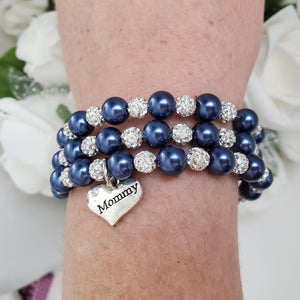 Handmade mommy pearl and pave crystal rhinestone expandable, multi-layer, wrap charm bracelet - dark blue or custom color - Mommy Pearl Wrap Bracelet - Mother Jewelry