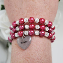 Load image into Gallery viewer, Handmade mommy pearl and pave crystal rhinestone expandable, multi-layer, wrap charm bracelet - dark pink or custom color - Mommy Pearl Wrap Bracelet - Mother Jewelry