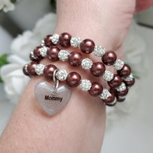 Load image into Gallery viewer, Handmade mommy pearl and pave crystal rhinestone expandable, multi-layer, wrap charm bracelet - chocolate brown or custom color - Mommy Pearl Wrap Bracelet - Mother Jewelry
