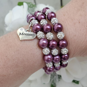 Handmade mommy pearl and pave crystal rhinestone expandable, multi-layer, wrap charm bracelet - burgundy red or custom color - Mommy Pearl Wrap Bracelet - Mother Jewelry