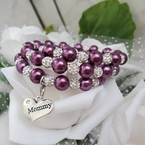 Handmade mommy pearl and pave crystal rhinestone expandable, multi-layer, wrap charm bracelet - burgundy red or custom color - Mommy Pearl Wrap Bracelet - Mother Jewelry