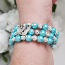 Load image into Gallery viewer, Handmade mommy pearl and pave crystal rhinestone expandable, multi-layer, wrap charm bracelet - aquamarine blue or custom color - Mommy Pearl Wrap Bracelet - Mother Jewelry