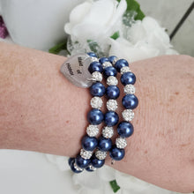 Load image into Gallery viewer, Handmade maid of honor pearl and pave crystal rhinestone expandable, multi layer, wrap charm bracelet - dark blue and silver or silver and custom color - Maid of Honor Pearl Bracelet - Bridal Jewelry