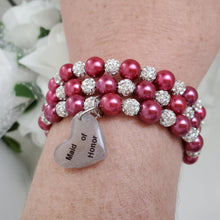 Load image into Gallery viewer, Handmade maid of honor pearl and pave crystal rhinestone expandable, multi layer, wrap charm bracelet - dark pink and silver or silver and custom color - Maid of Honor Pearl Bracelet - Bridal Jewelry