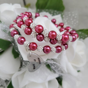 Handmade maid of honor pearl and pave crystal rhinestone expandable, multi layer, wrap charm bracelet - dark pink and silver or silver and custom color - Maid of Honor Pearl Bracelet - Bridal Jewelry