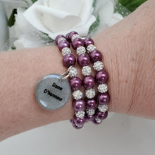 Load image into Gallery viewer, Handmade maid of honor pearl and pave crystal rhinestone expandable, multi layer, wrap charm bracelet - burgundy red and silver or silver and custom color - Maid of Honor Pearl Bracelet - Bridal Jewelry