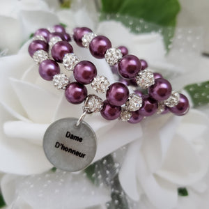 Handmade maid of honor pearl and pave crystal rhinestone expandable, multi layer, wrap charm bracelet - burgundy red and silver or silver and custom color - Maid of Honor Pearl Bracelet - Bridal Jewelry