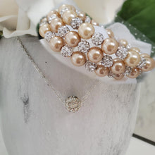 Load image into Gallery viewer, Handmade floating pave crystal rhinestone necklace accompanied by a pearl and crystal expandable, multi-layer, wrap bracelet - champagne or custom color - Necklace Jewelry Set - Necklace Set - Pearl Set