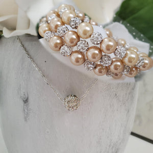 Handmade floating pave crystal rhinestone necklace accompanied by a pearl and crystal expandable, multi-layer, wrap bracelet - champagne or custom color - Necklace Jewelry Set - Necklace Set - Pearl Set