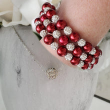 Load image into Gallery viewer, Handmade floating pave crystal rhinestone necklace accompanied by a pearl and crystal expandable, multi-layer, wrap bracelet - bordeaux red or custom color - Necklace Jewelry Set - Necklace Set - Pearl Set