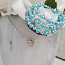 Load image into Gallery viewer, Handmade floating pave crystal rhinestone necklace accompanied by a pearl and crystal expandable, multi-layer, wrap bracelet - aquamarine blue or custom color - Necklace Jewelry Set - Necklace Set - Pearl Set