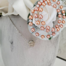 Load image into Gallery viewer, Handmade floating pave crystal rhinestone necklace accompanied by a pearl and crystal expandable, multi-layer, wrap bracelet - powder orange or custom color - Necklace Jewelry Set - Necklace Set - Pearl Set