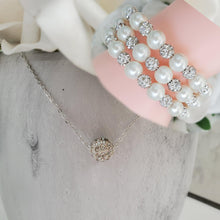 Load image into Gallery viewer, Handmade floating pave crystal rhinestone necklace accompanied by a pearl and crystal expandable, multi-layer, wrap bracelet - ivory or custom color - Necklace Jewelry Set - Necklace Set - Pearl Set