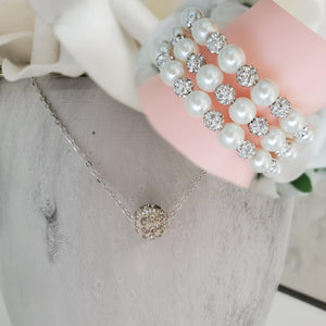 Handmade floating pave crystal rhinestone necklace accompanied by a pearl and crystal expandable, multi-layer, wrap bracelet - ivory or custom color - Necklace Jewelry Set - Necklace Set - Pearl Set