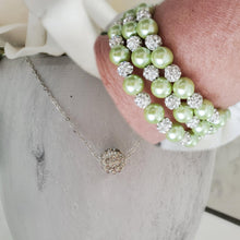 Load image into Gallery viewer, Handmade floating pave crystal rhinestone necklace accompanied by a pearl and crystal expandable, multi-layer, wrap bracelet - light green or custom color - Necklace Jewelry Set - Necklace Set - Pearl Set