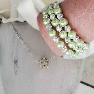 Handmade floating pave crystal rhinestone necklace accompanied by a pearl and crystal expandable, multi-layer, wrap bracelet - light green or custom color - Necklace Jewelry Set - Necklace Set - Pearl Set