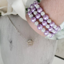 Load image into Gallery viewer, Handmade floating pave crystal rhinestone necklace accompanied by a pearl and crystal expandable, multi-layer, wrap bracelet - lavender purple or custom color - Necklace Jewelry Set - Necklace Set - Pearl Set