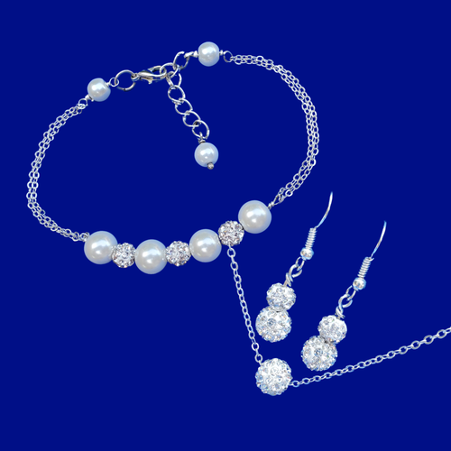 Necklace Set - Jewelry Set - Gifts For Bridesmaids - handmade floating crystal necklace accompanied by a pair of drop earring and a pearl and crystal bar bracelet, custom color